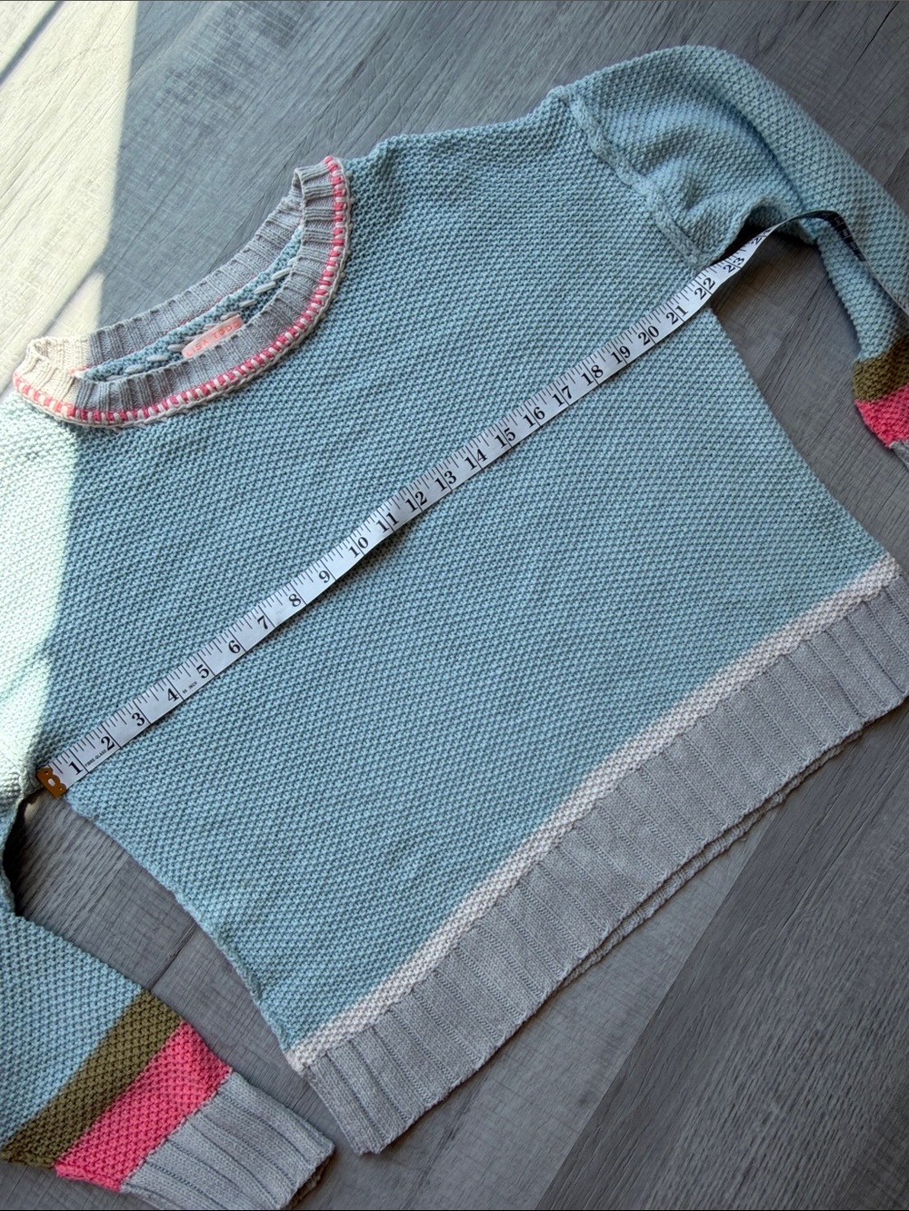 Lisa Todd Light Blue Crewneck Sweater with Pink and Olive Stripes, Size L. - Picture 4 of 15